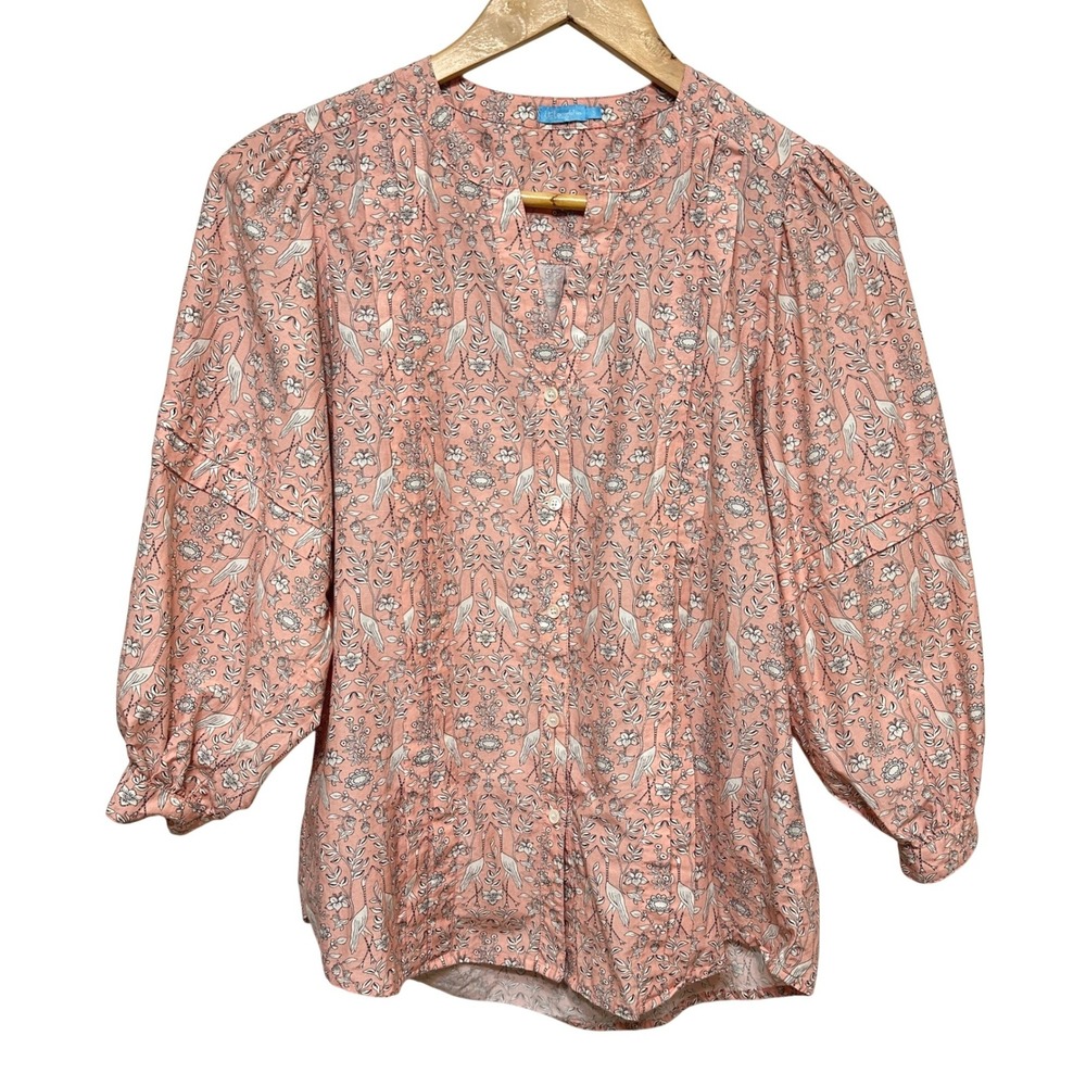 J.McLaughlin Puff Sleeve Blouse Womens Small Pink Floral Crane Print Cottage Top